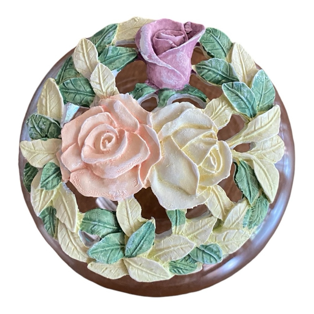 Vintage Floral Glass Potpourri Jar Trinket Dish Rose Resin Lid
